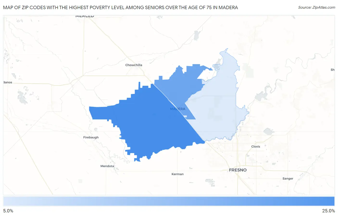 Zip Codes with the Highest Poverty Level Among Seniors Over the Age of 75 in Madera Map