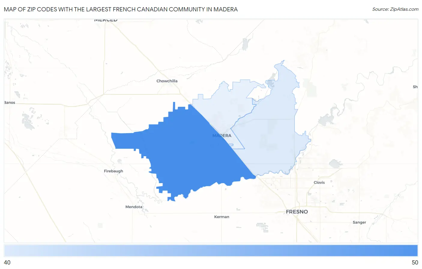 Zip Codes with the Largest French Canadian Community in Madera Map