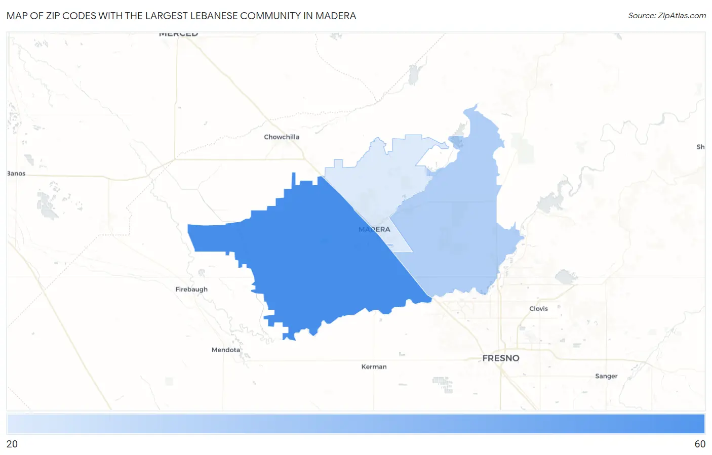 Zip Codes with the Largest Lebanese Community in Madera Map