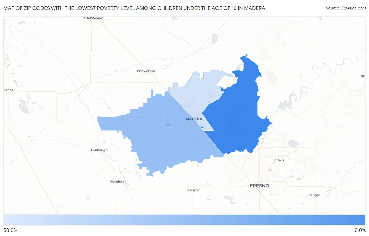 Zip Codes with the Lowest Poverty Level Among Children Under the Age of 16 in Madera Map