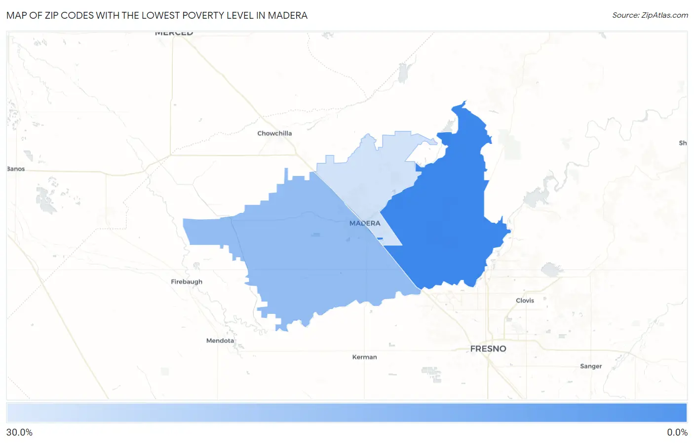 Zip Codes with the Lowest Poverty Level in Madera Map