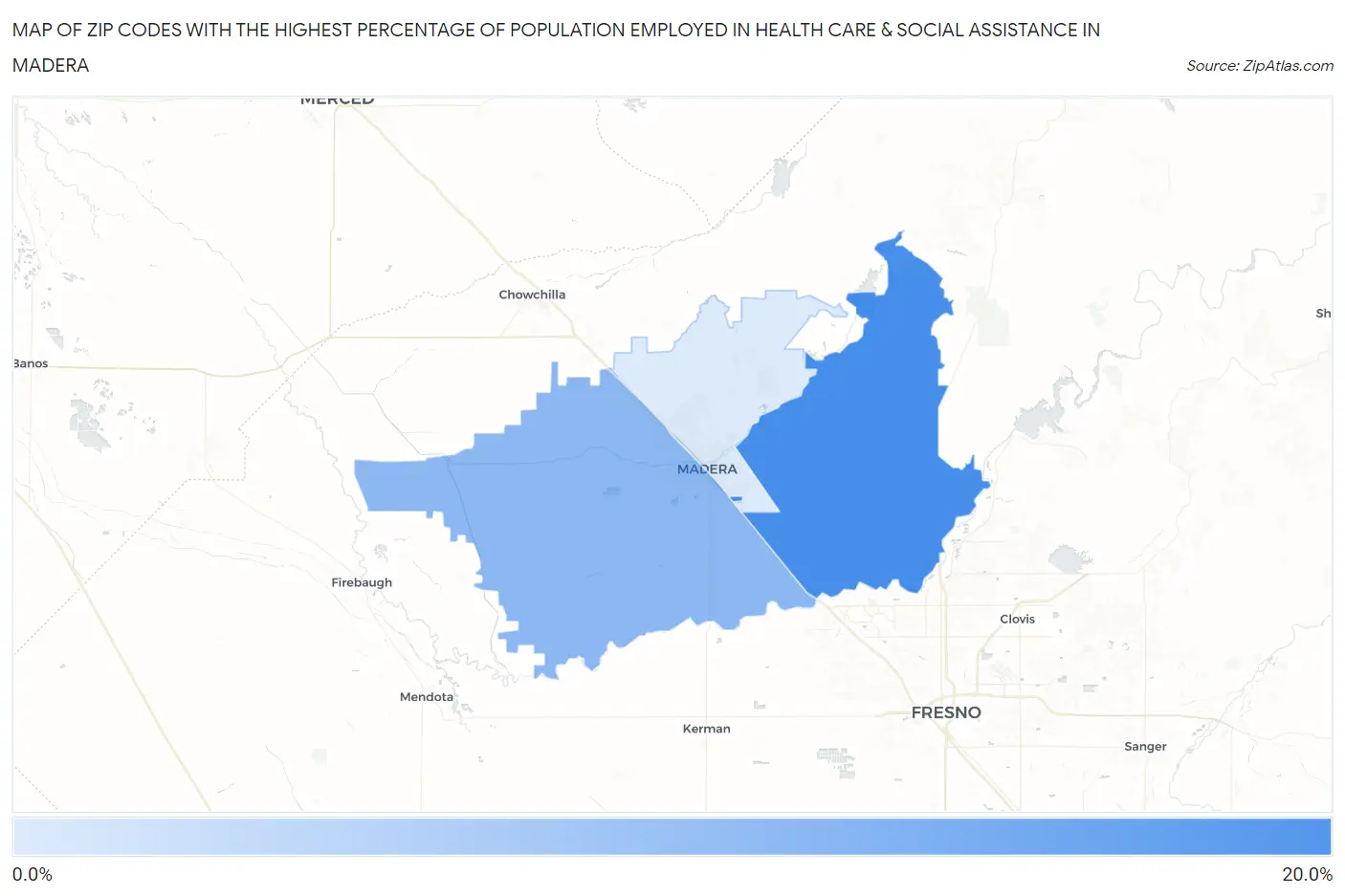 Zip Codes with the Highest Percentage of Population Employed in Health Care & Social Assistance in Madera Map