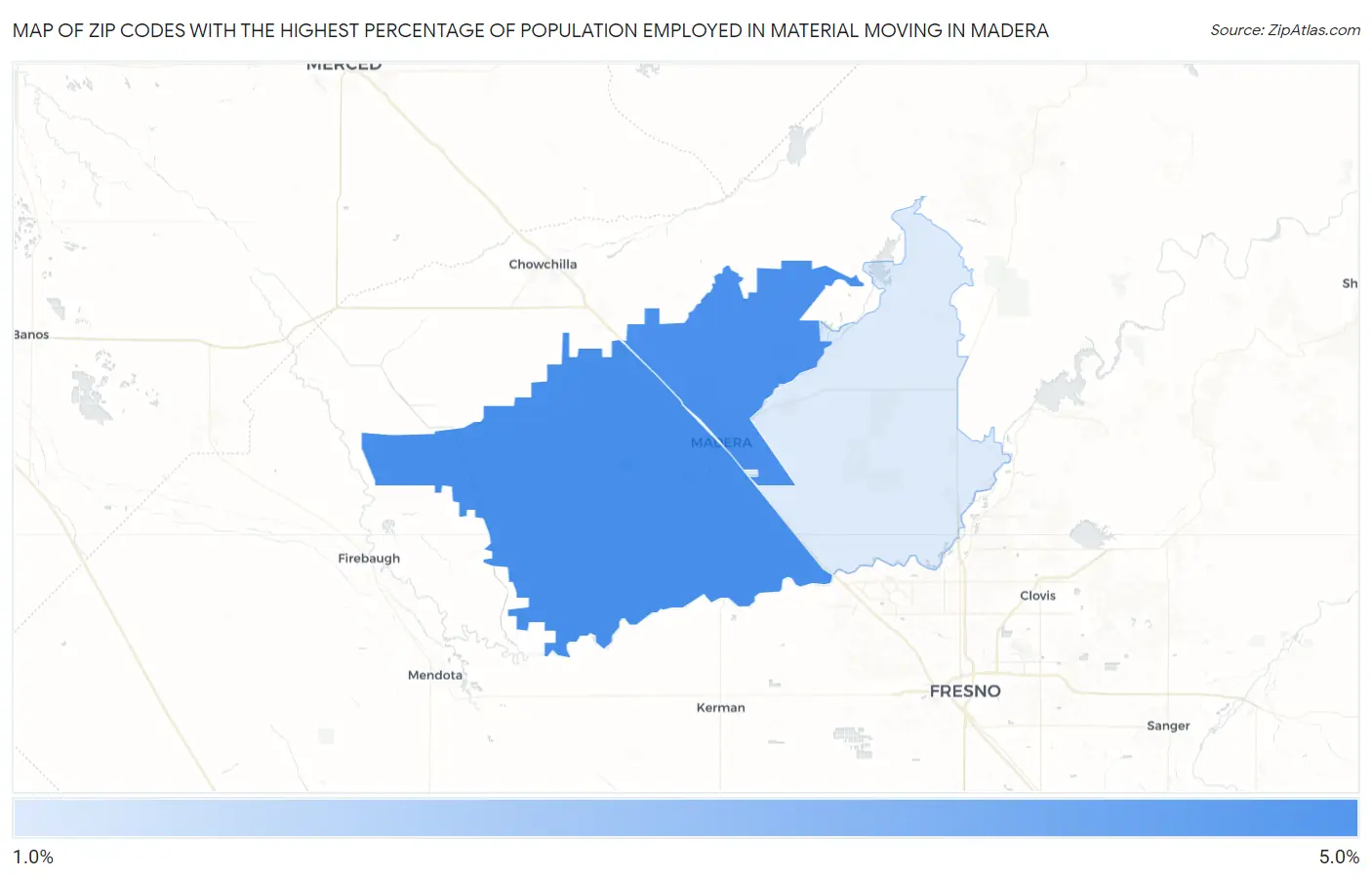 Zip Codes with the Highest Percentage of Population Employed in Material Moving in Madera Map
