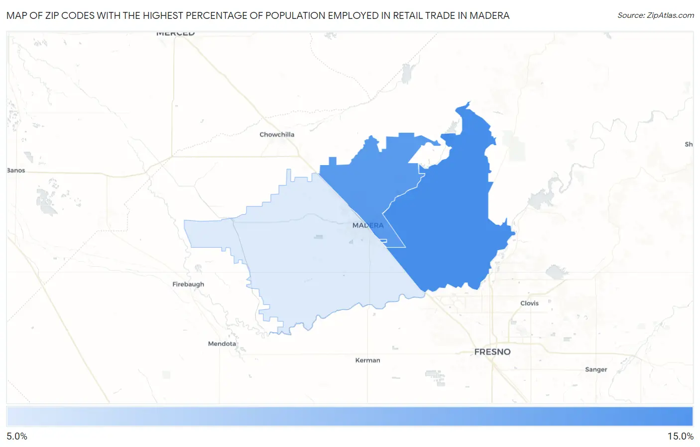 Zip Codes with the Highest Percentage of Population Employed in Retail Trade in Madera Map