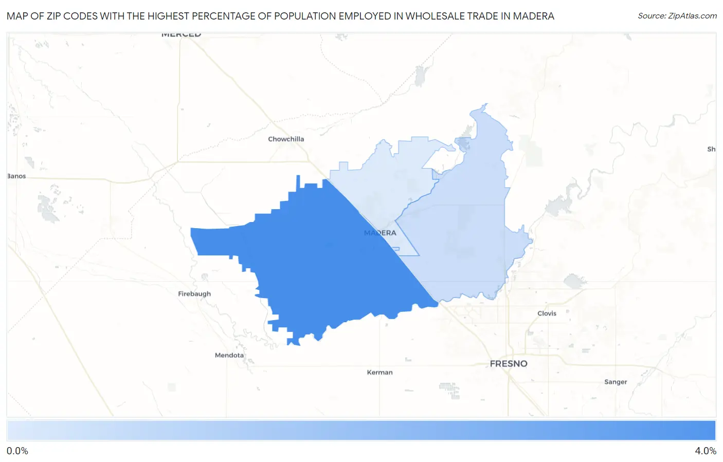 Zip Codes with the Highest Percentage of Population Employed in Wholesale Trade in Madera Map