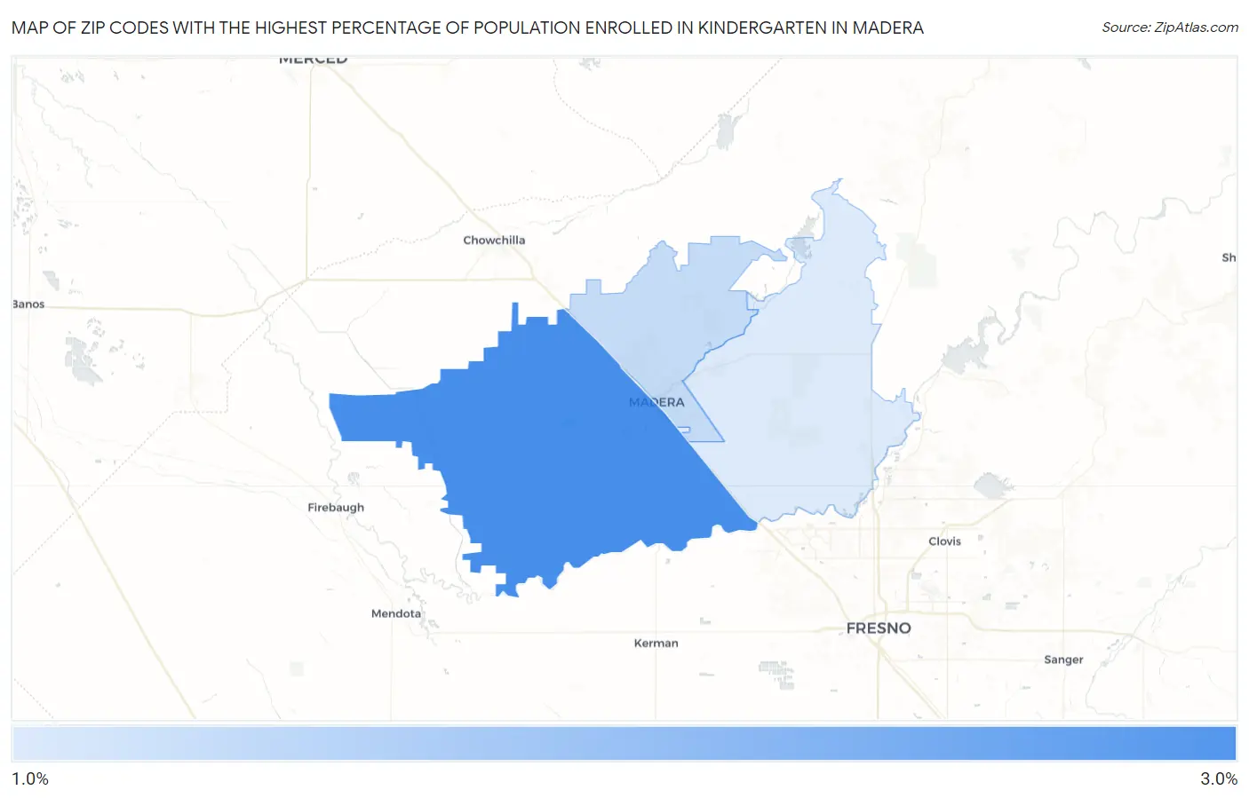 Zip Codes with the Highest Percentage of Population Enrolled in Kindergarten in Madera Map