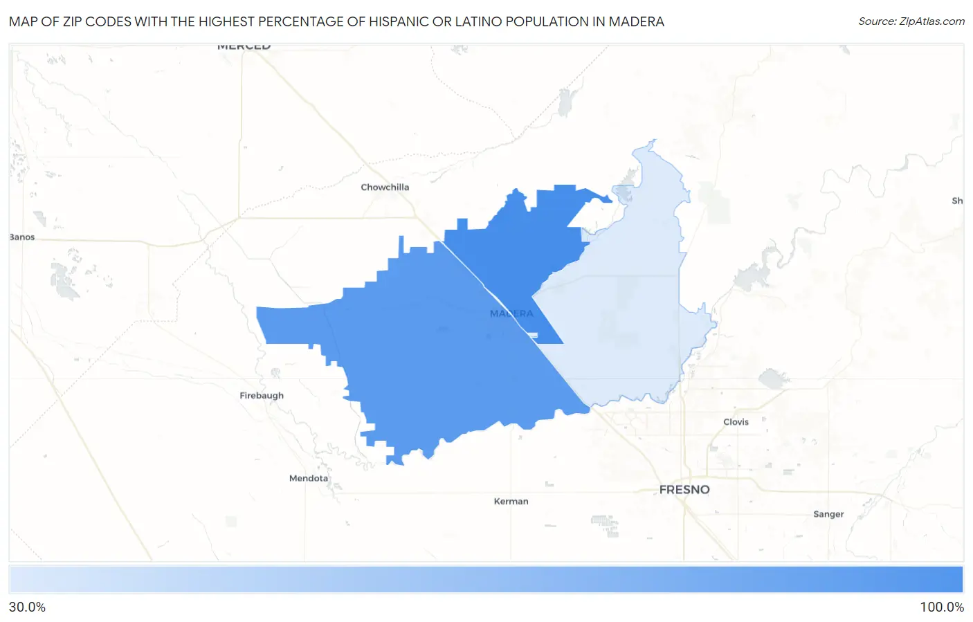 Zip Codes with the Highest Percentage of Hispanic or Latino Population in Madera Map
