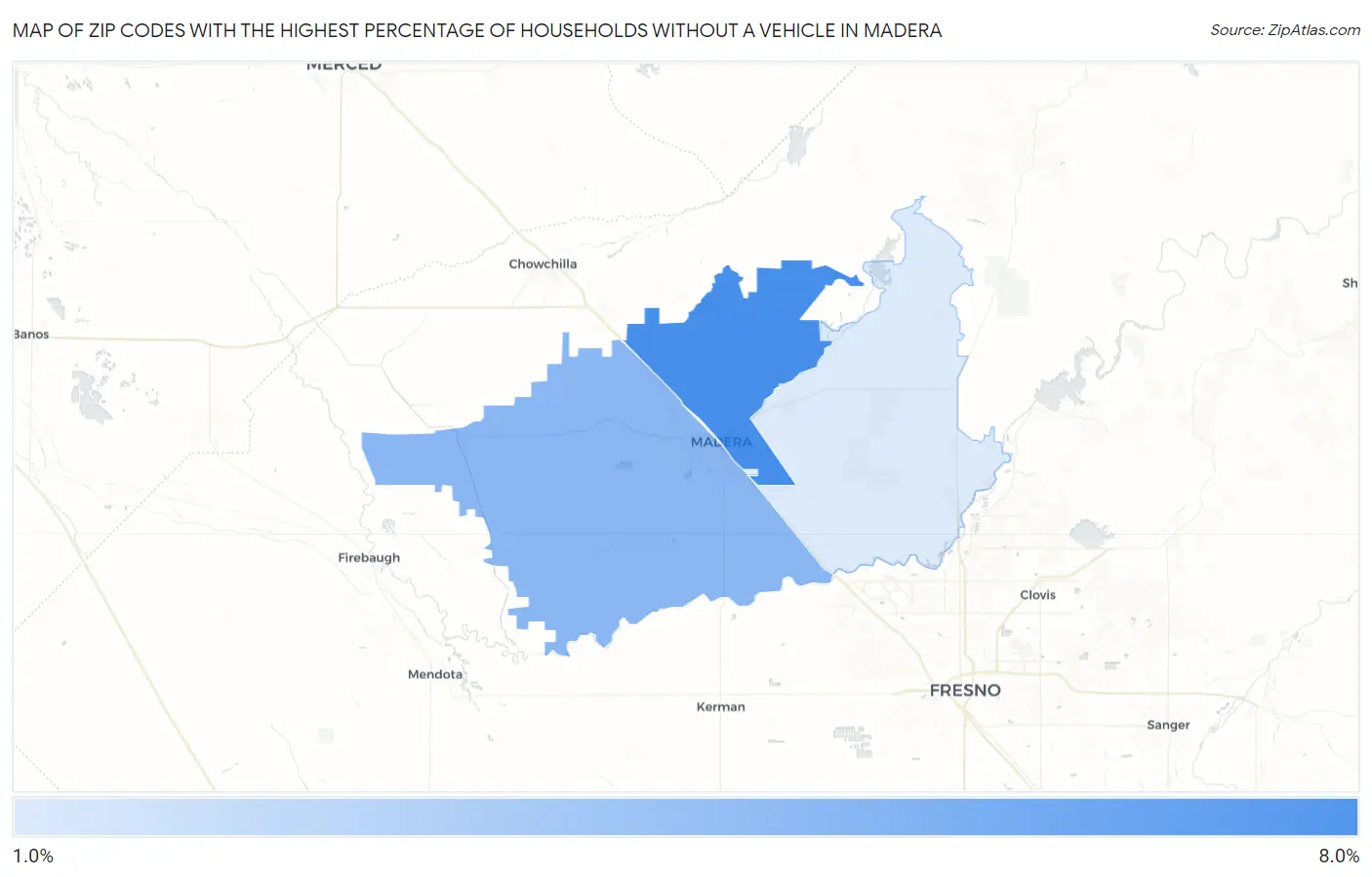 Zip Codes with the Highest Percentage of Households Without a Vehicle in Madera Map
