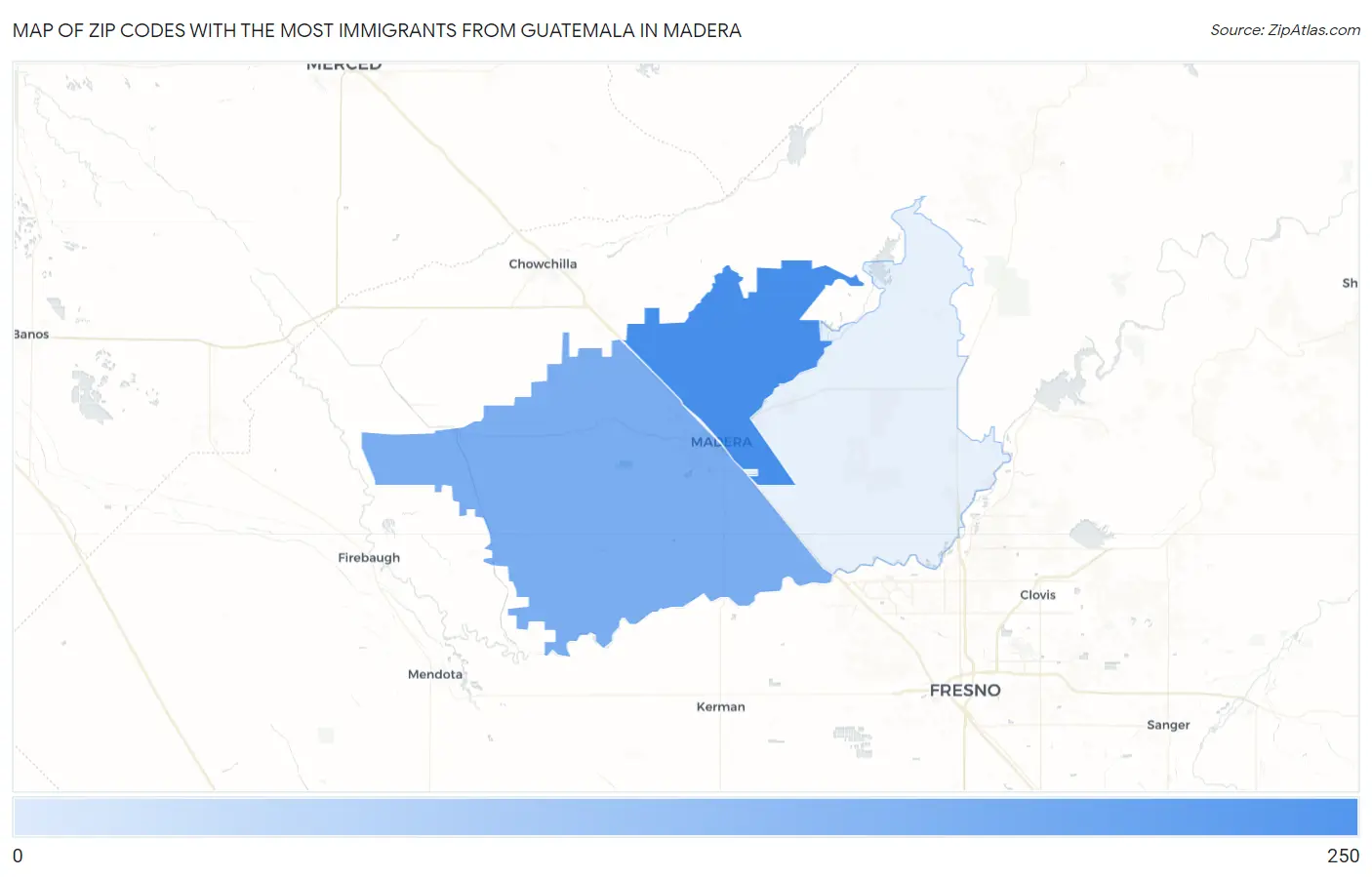 Zip Codes with the Most Immigrants from Guatemala in Madera Map