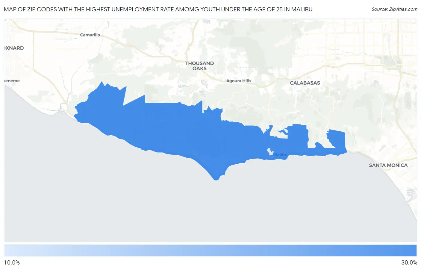 Zip Codes with the Highest Unemployment Rate Amomg Youth Under the Age of 25 in Malibu Map