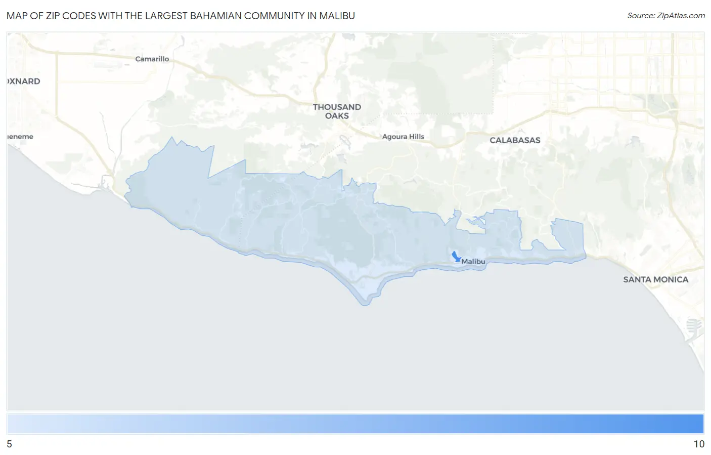 Zip Codes with the Largest Bahamian Community in Malibu Map