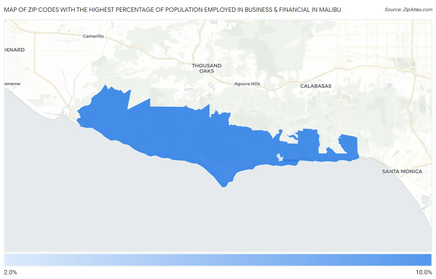 Zip Codes with the Highest Percentage of Population Employed in Business & Financial in Malibu Map
