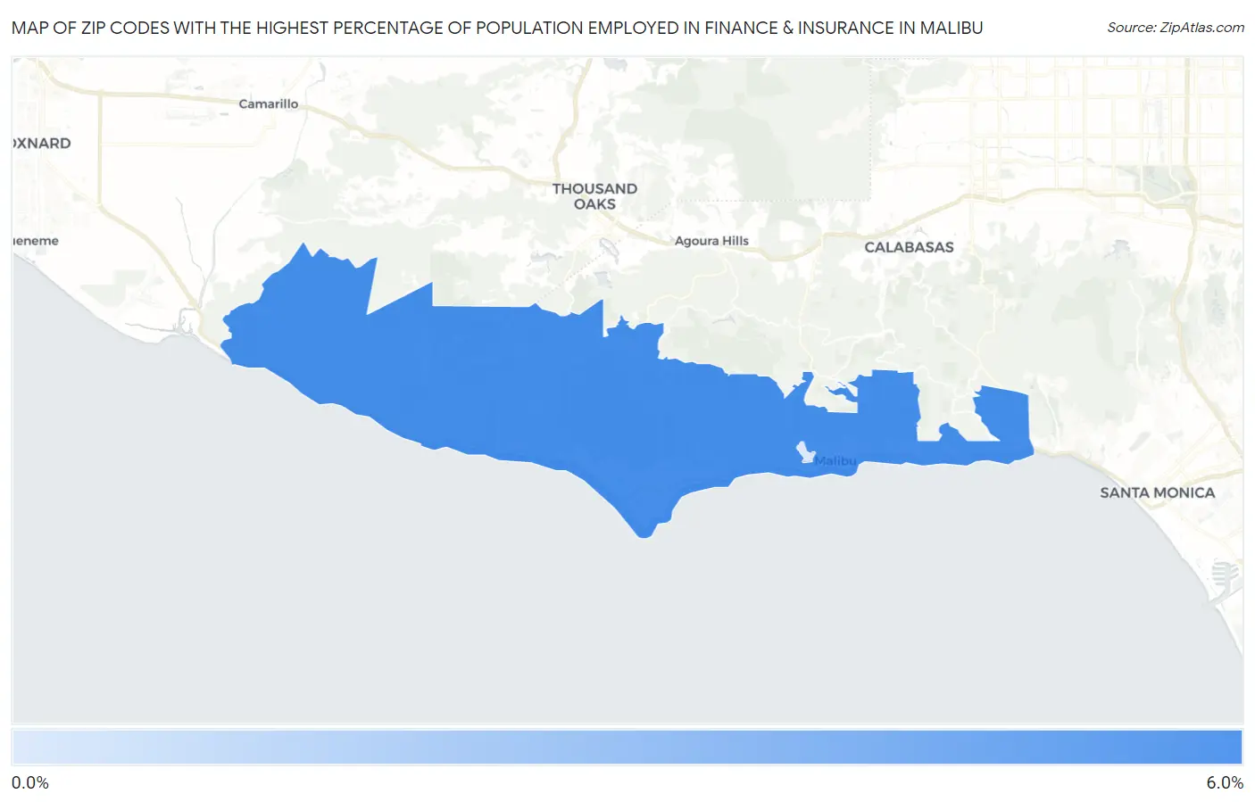 Zip Codes with the Highest Percentage of Population Employed in Finance & Insurance in Malibu Map