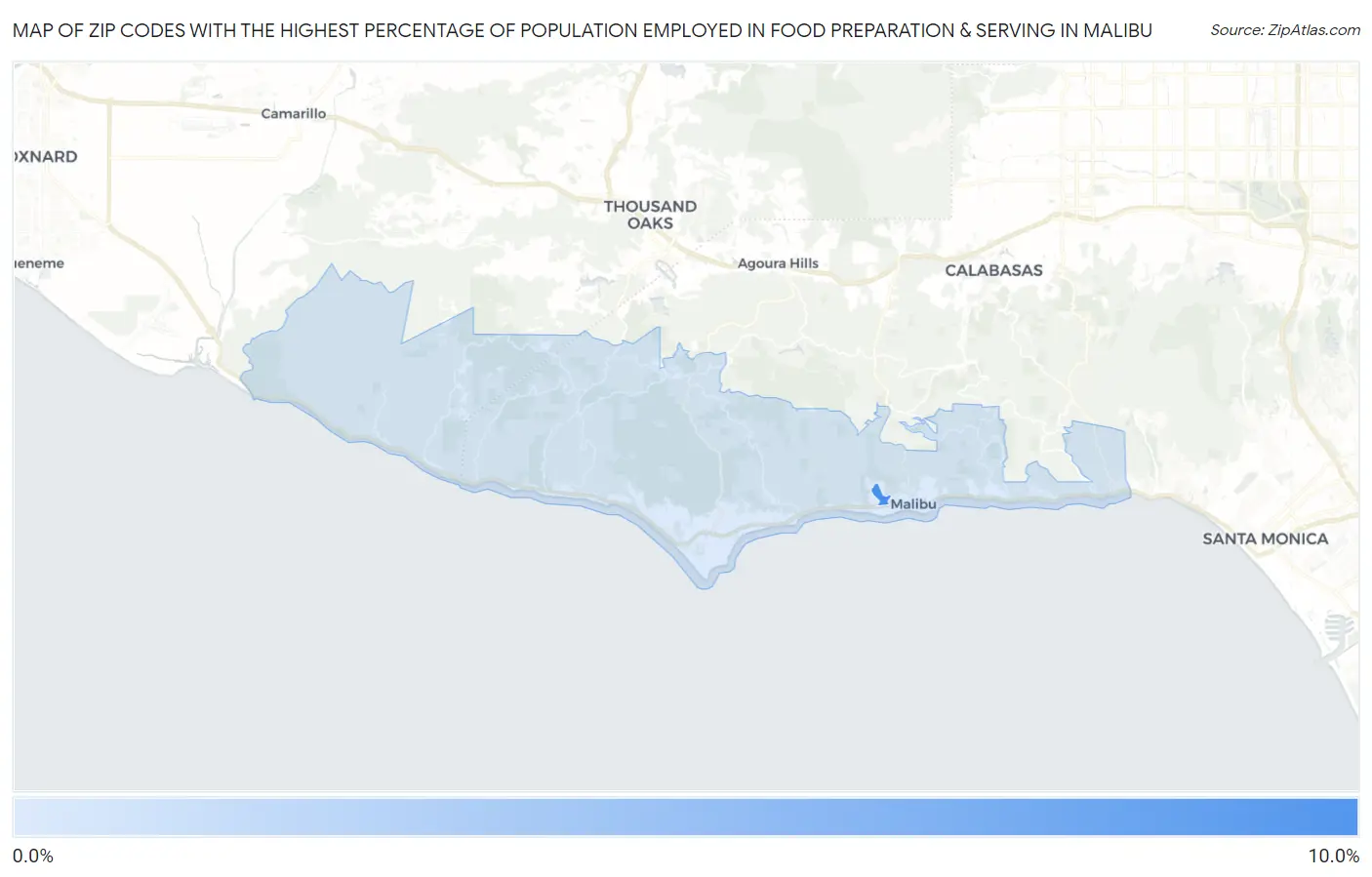 Zip Codes with the Highest Percentage of Population Employed in Food Preparation & Serving in Malibu Map