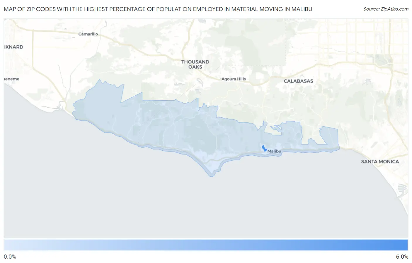 Zip Codes with the Highest Percentage of Population Employed in Material Moving in Malibu Map