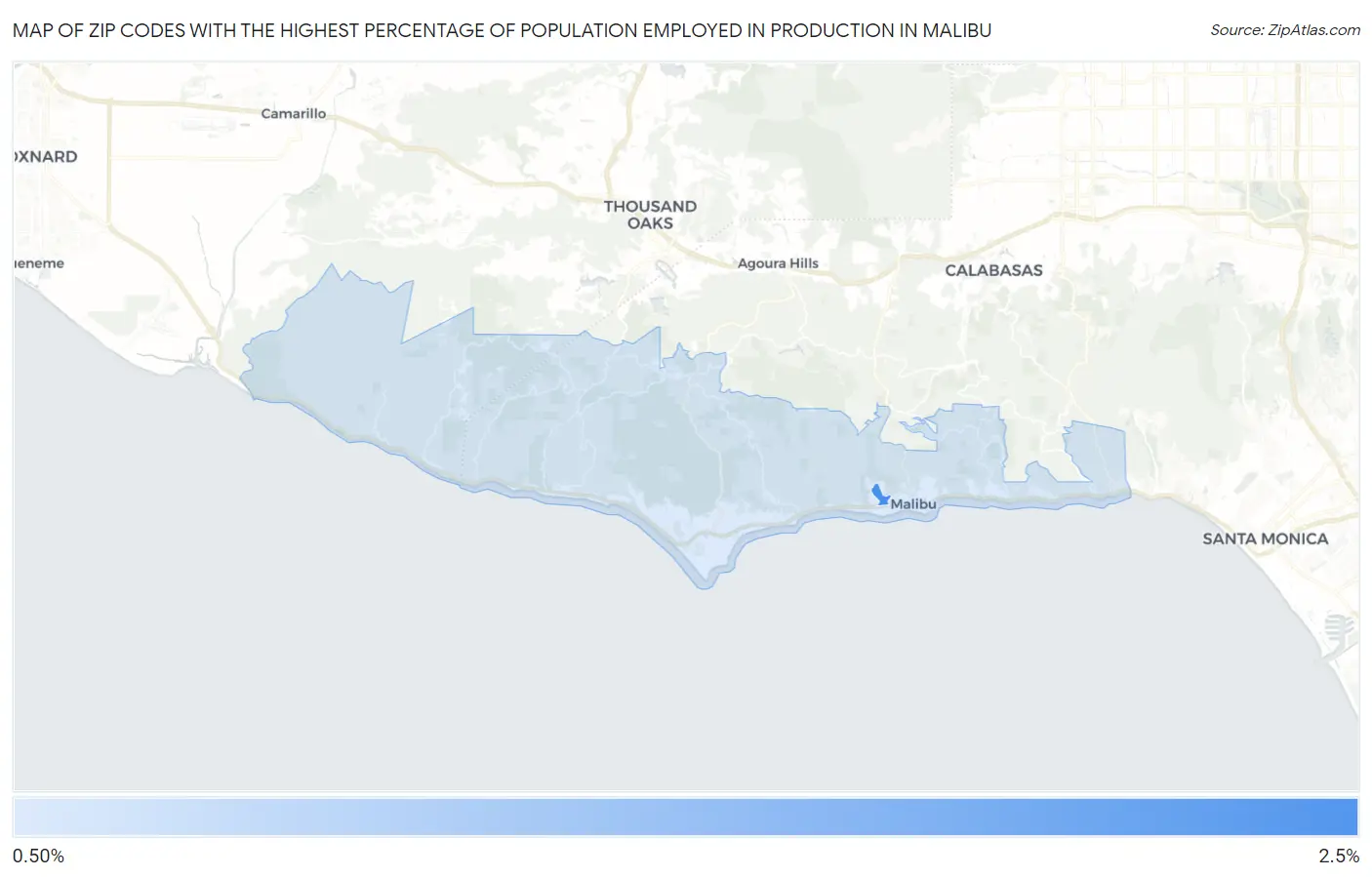 Zip Codes with the Highest Percentage of Population Employed in Production in Malibu Map