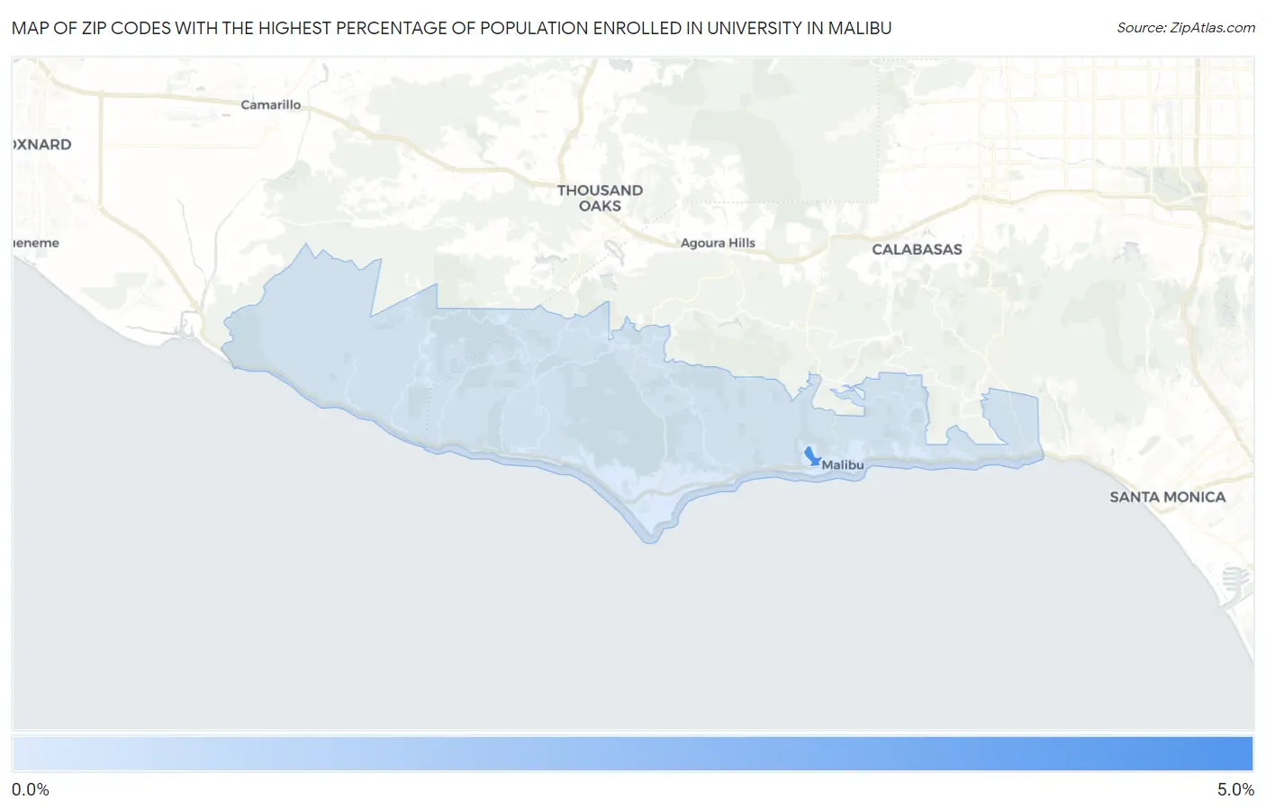 Zip Codes with the Highest Percentage of Population Enrolled in University in Malibu Map