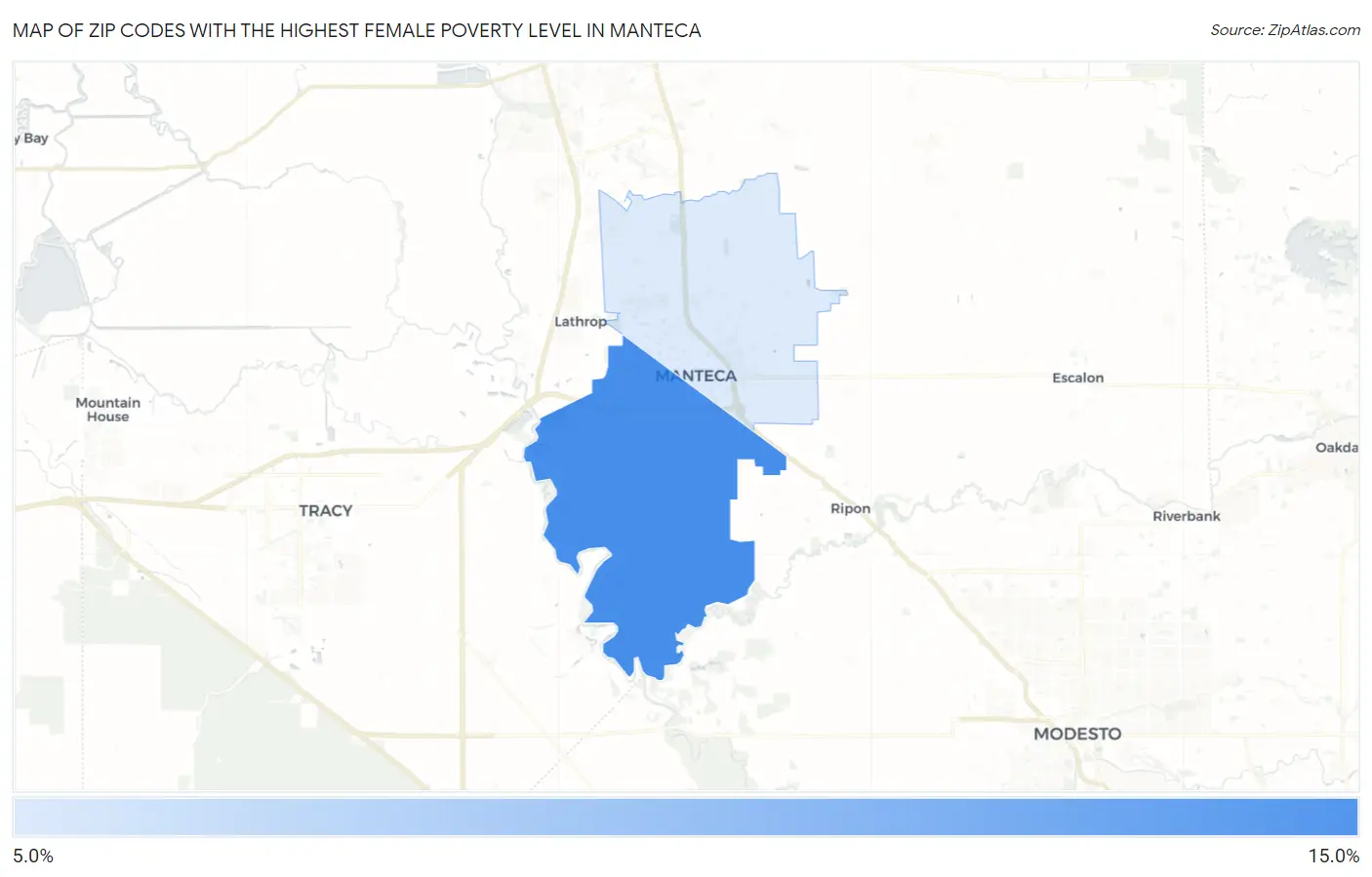 Zip Codes with the Highest Female Poverty Level in Manteca Map