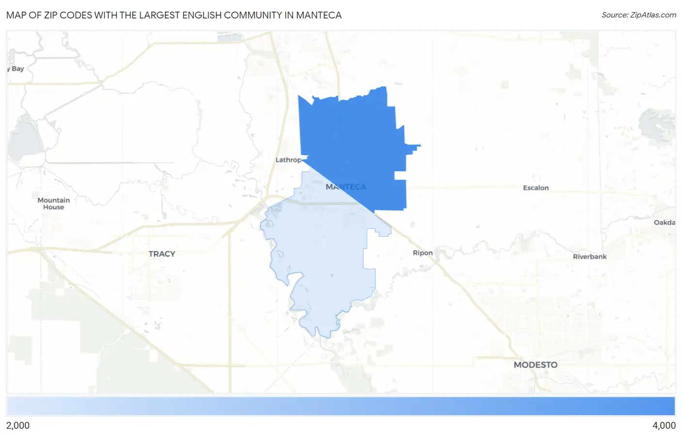 Zip Codes with the Largest English Community in Manteca Map