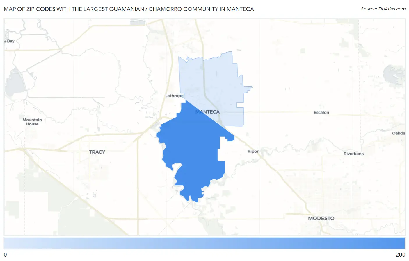 Zip Codes with the Largest Guamanian / Chamorro Community in Manteca Map