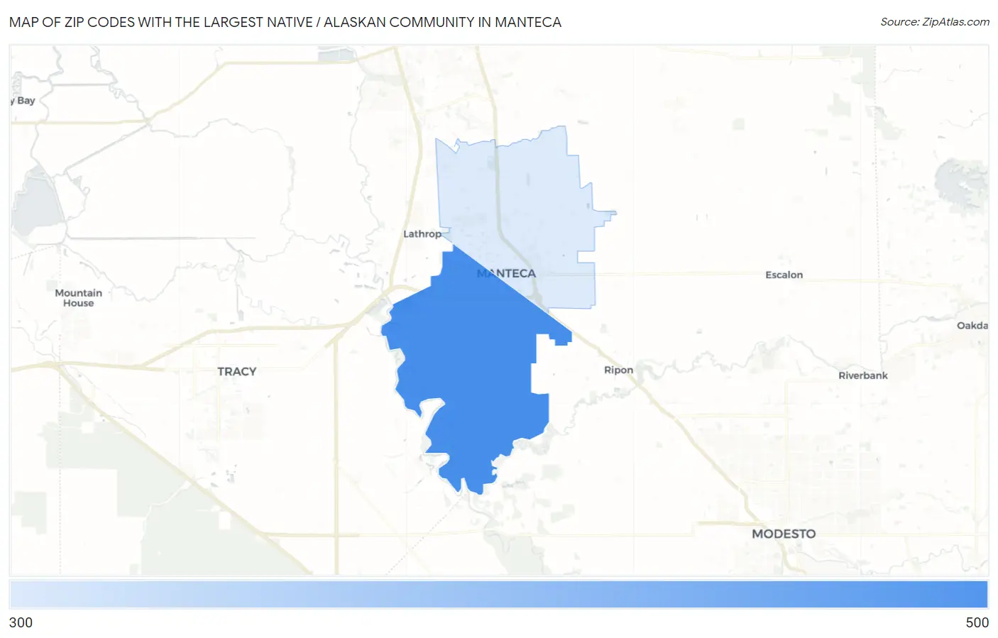 Zip Codes with the Largest Native / Alaskan Community in Manteca Map