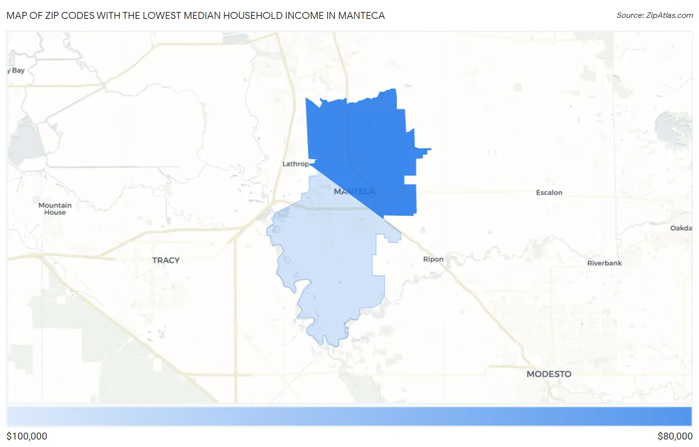 Zip Codes with the Lowest Median Household Income in Manteca Map