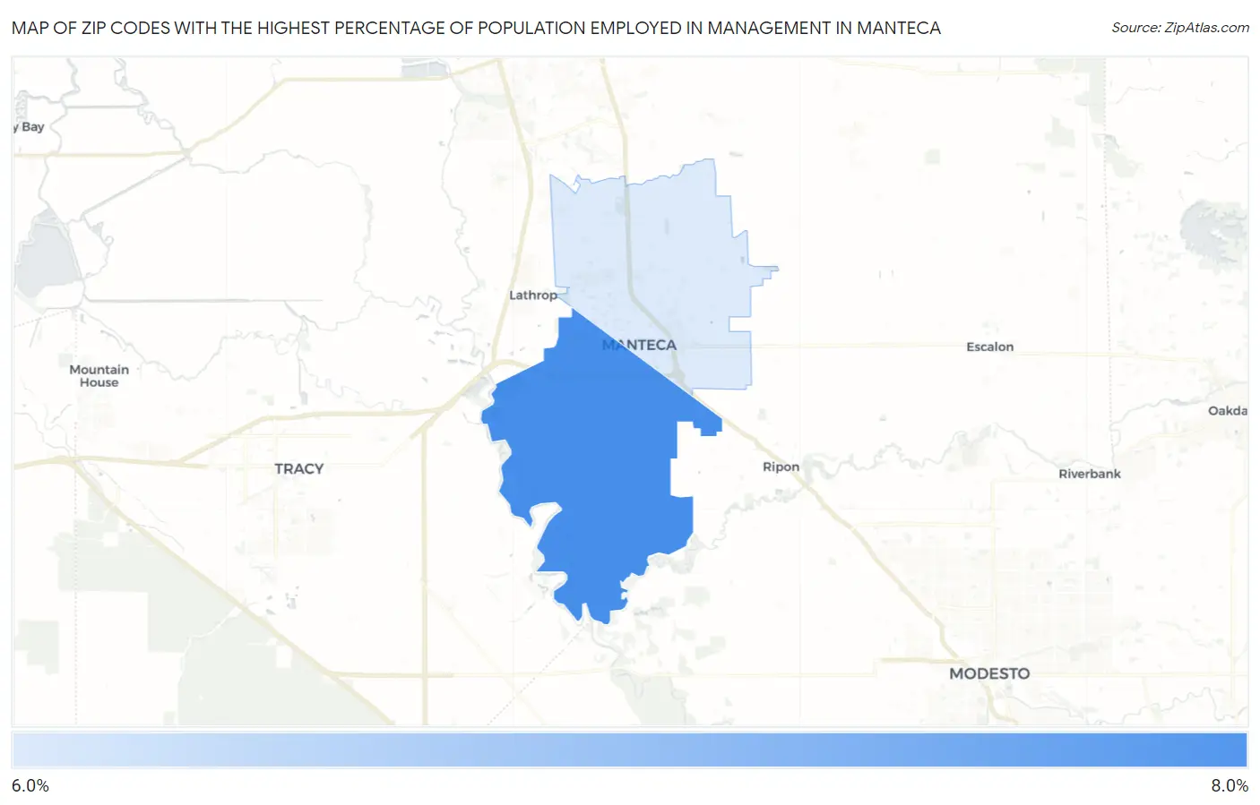 Zip Codes with the Highest Percentage of Population Employed in Management in Manteca Map