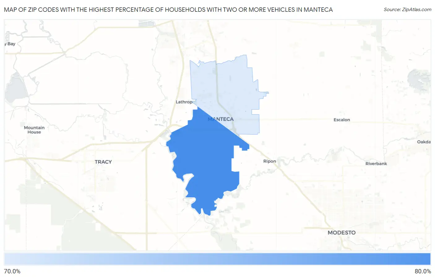 Zip Codes with the Highest Percentage of Households With Two or more Vehicles in Manteca Map