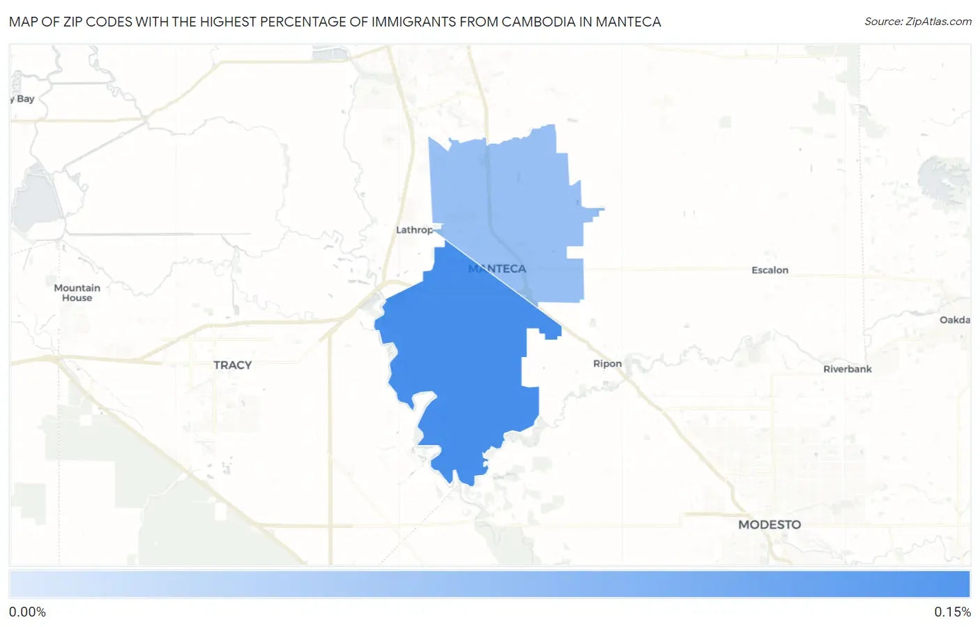 Zip Codes with the Highest Percentage of Immigrants from Cambodia in Manteca Map