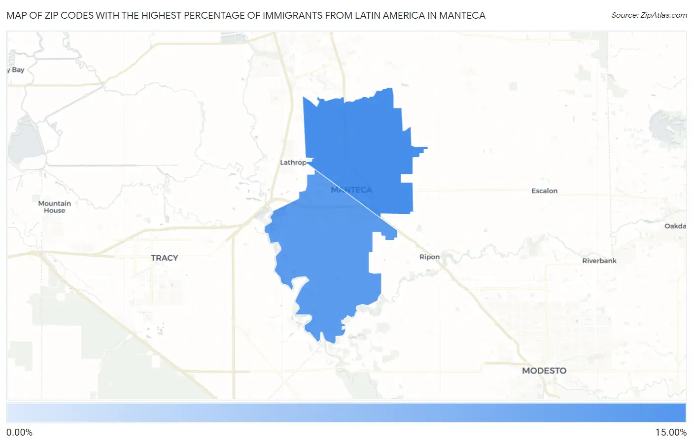 Zip Codes with the Highest Percentage of Immigrants from Latin America in Manteca Map