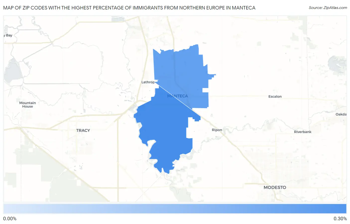 Zip Codes with the Highest Percentage of Immigrants from Northern Europe in Manteca Map