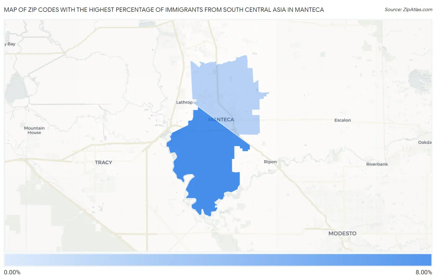 Zip Codes with the Highest Percentage of Immigrants from South Central Asia in Manteca Map