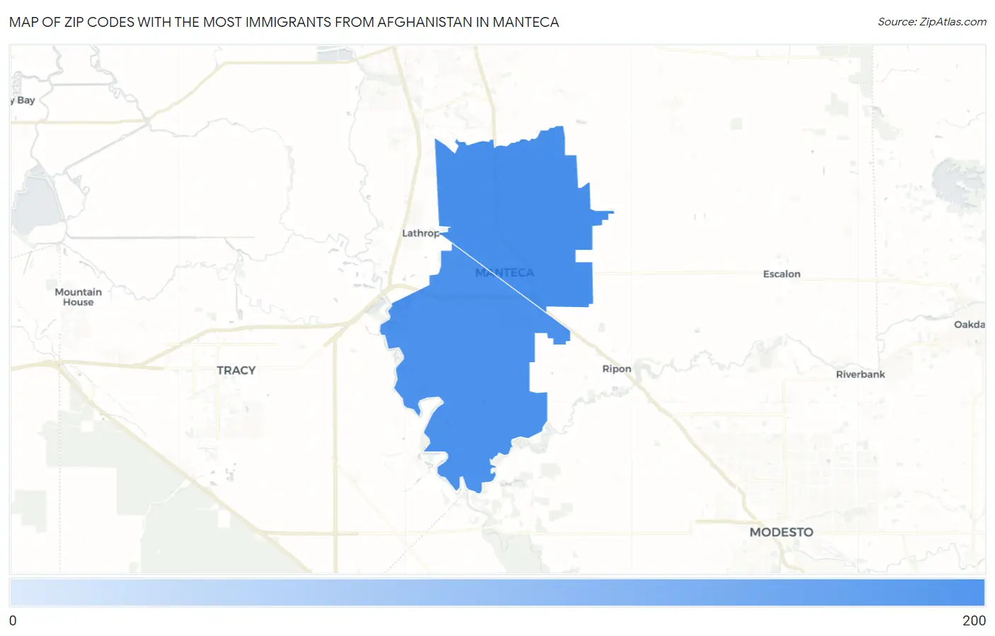 Zip Codes with the Most Immigrants from Afghanistan in Manteca Map