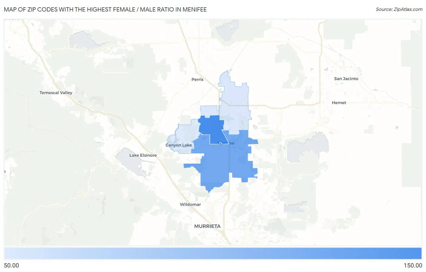 Zip Codes with the Highest Female / Male Ratio in Menifee Map