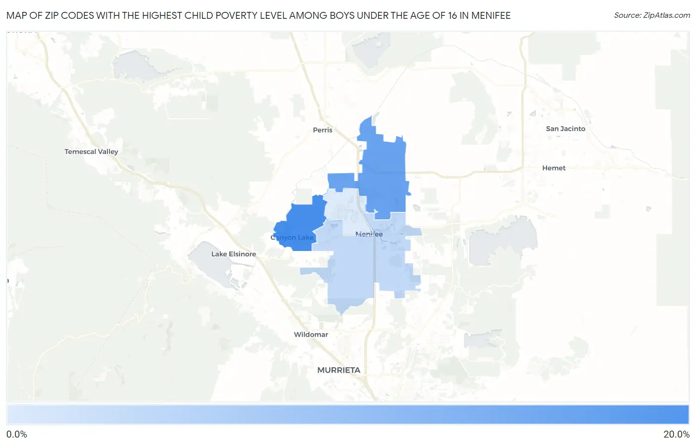 Zip Codes with the Highest Child Poverty Level Among Boys Under the Age of 16 in Menifee Map