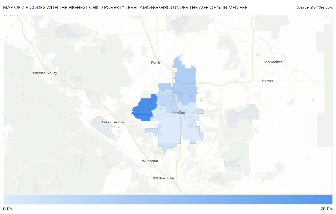 Zip Codes with the Highest Child Poverty Level Among Girls Under the Age of 16 in Menifee Map