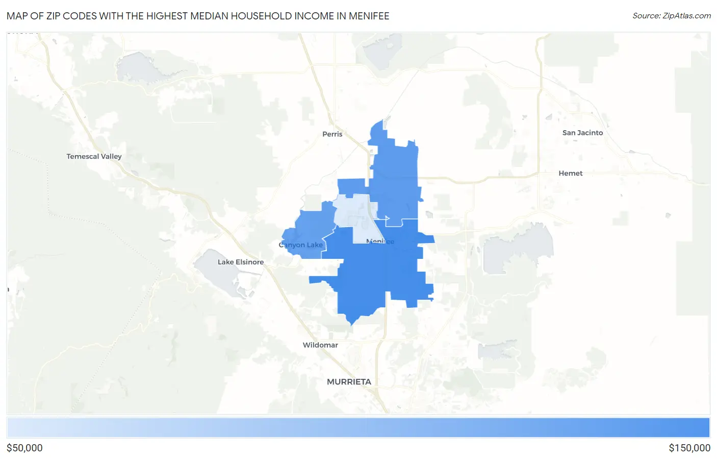 Zip Codes with the Highest Median Household Income in Menifee Map