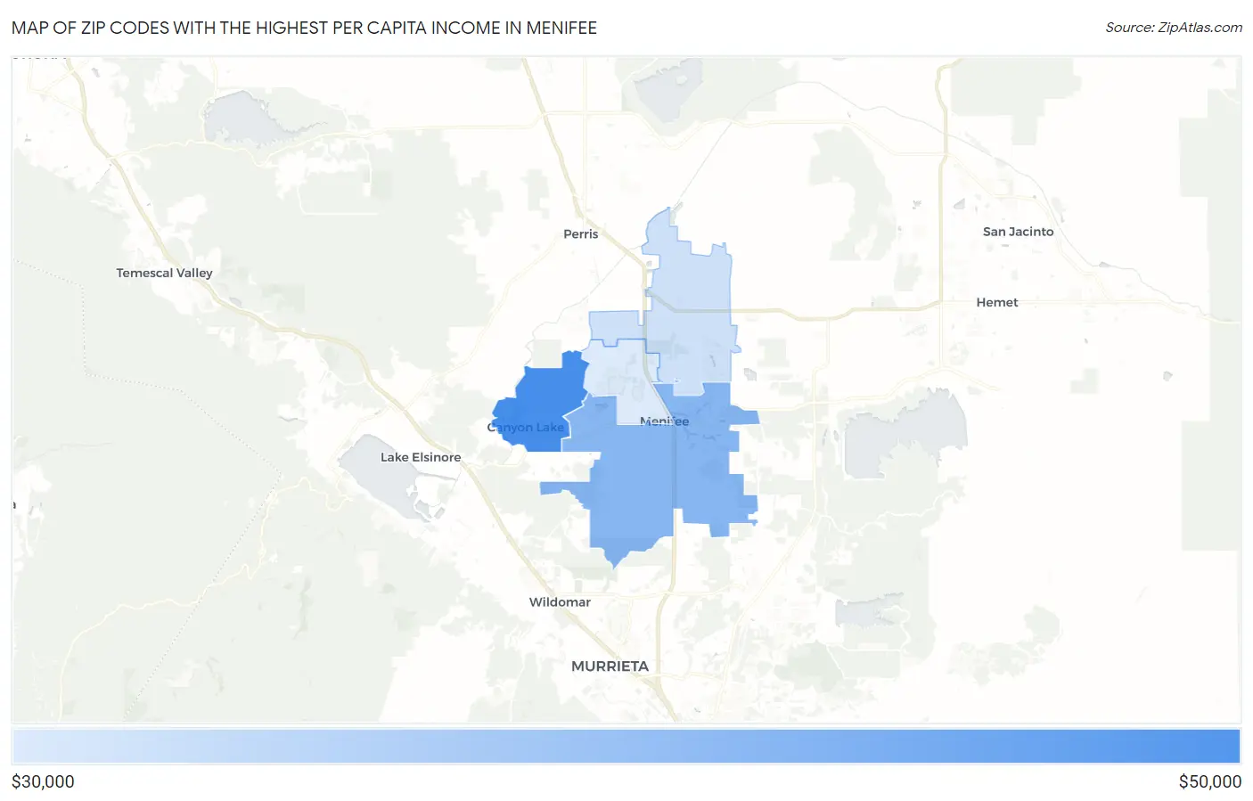 Zip Codes with the Highest Per Capita Income in Menifee Map