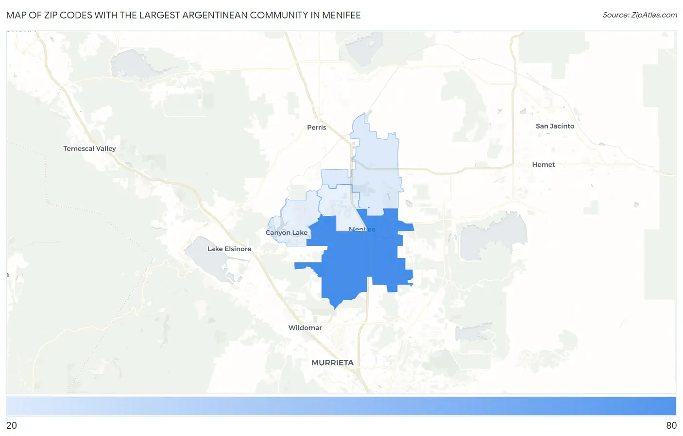 Zip Codes with the Largest Argentinean Community in Menifee Map