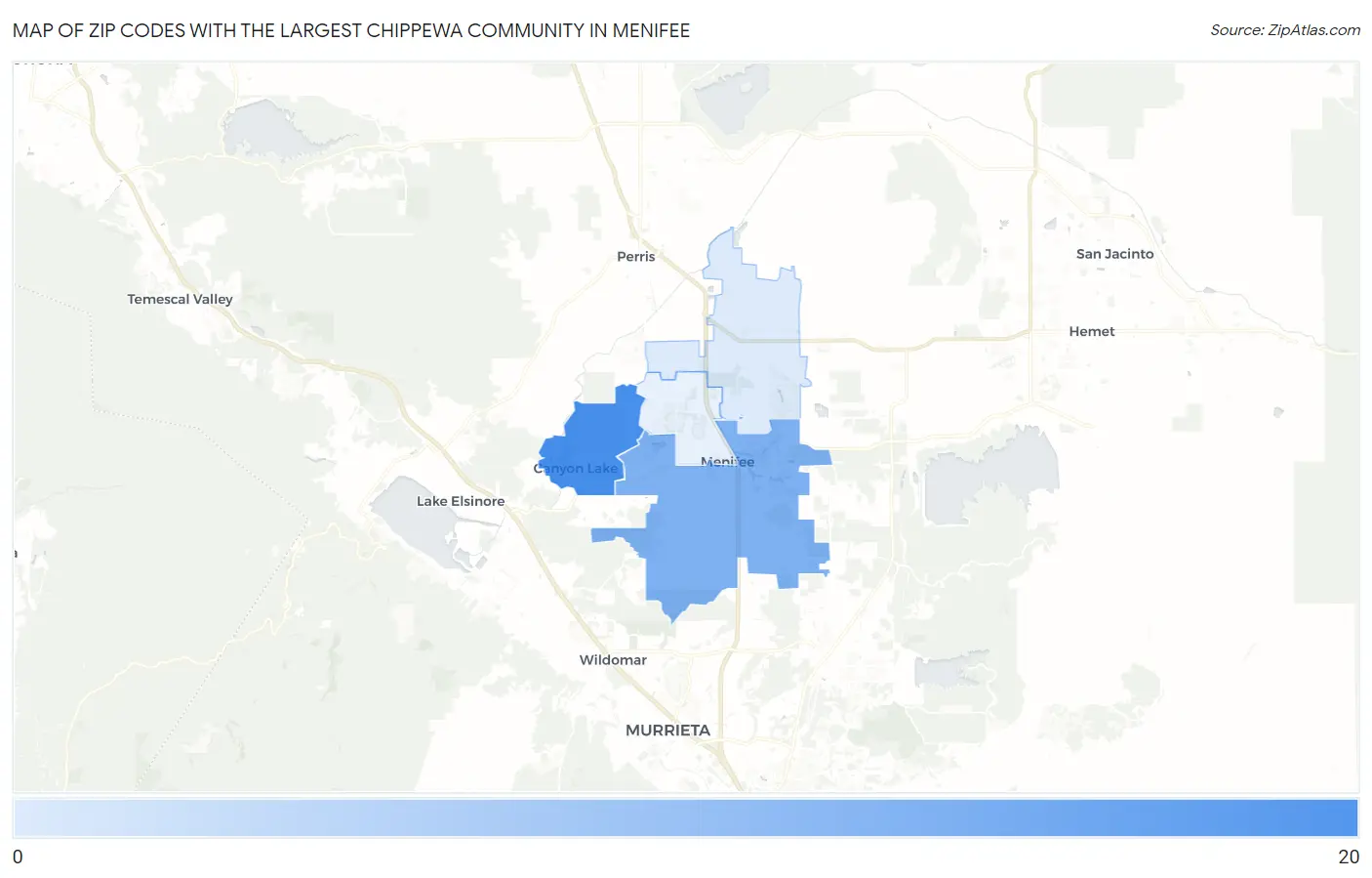 Zip Codes with the Largest Chippewa Community in Menifee Map