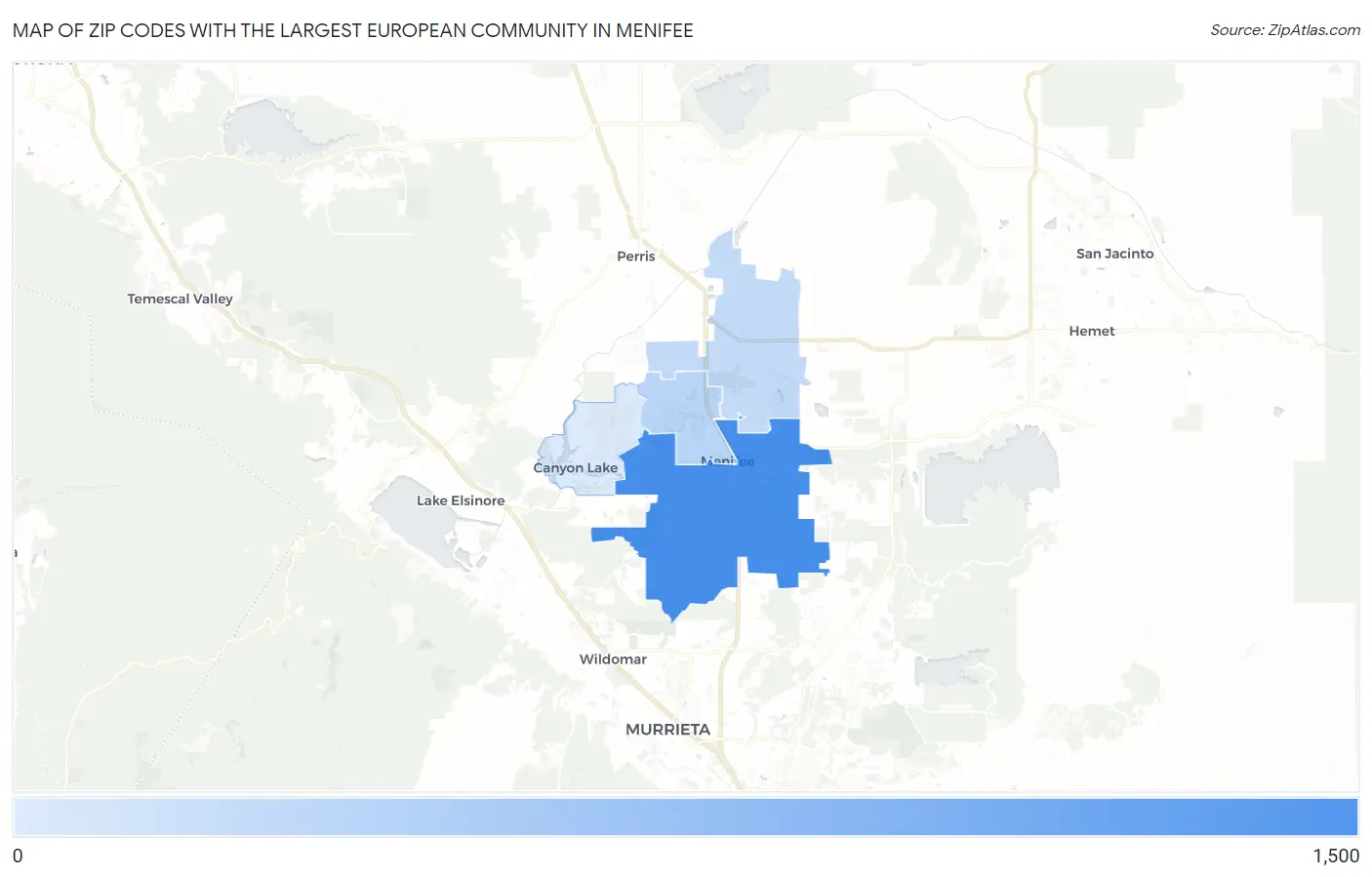 Zip Codes with the Largest European Community in Menifee Map