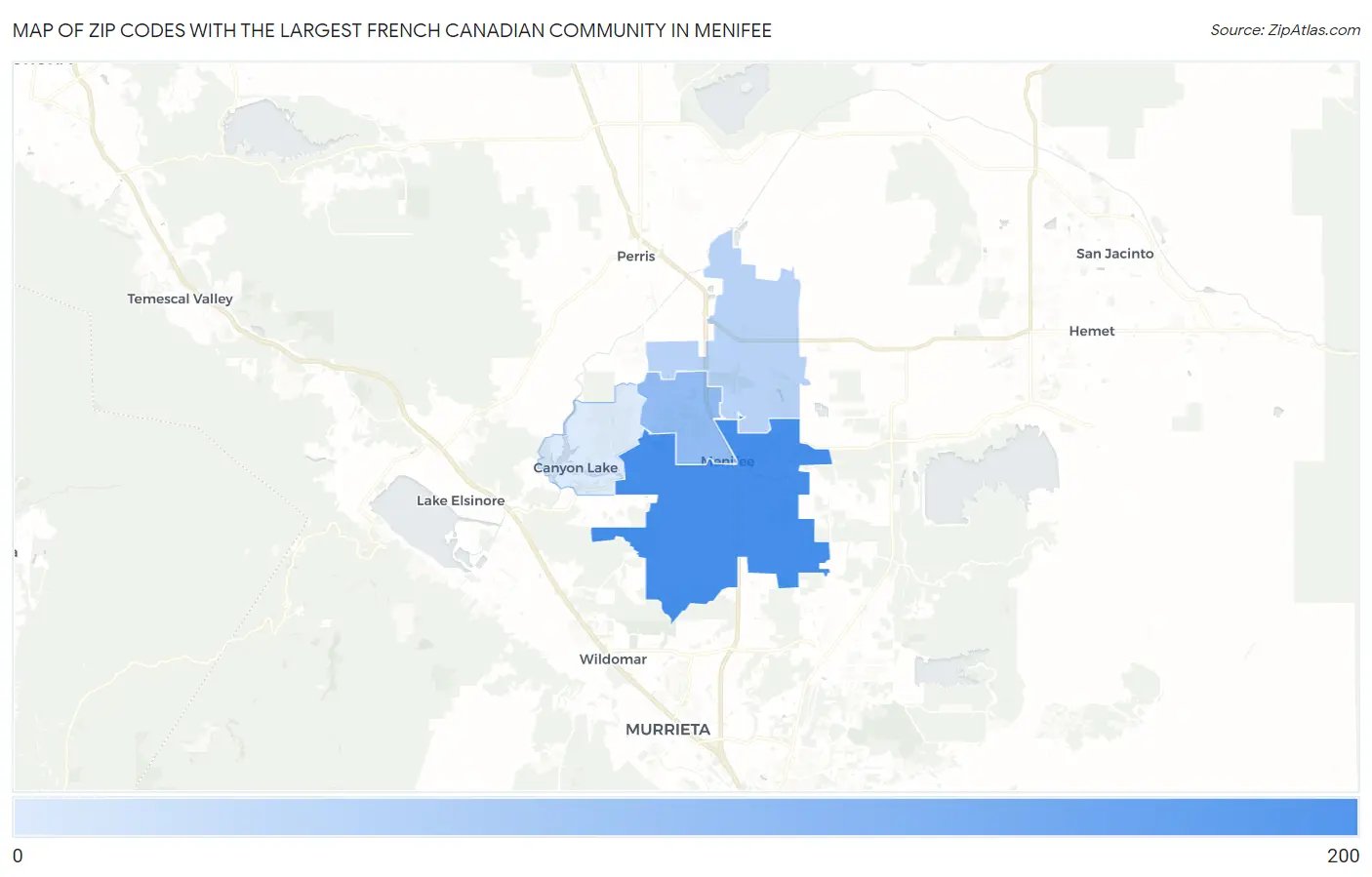 Zip Codes with the Largest French Canadian Community in Menifee Map