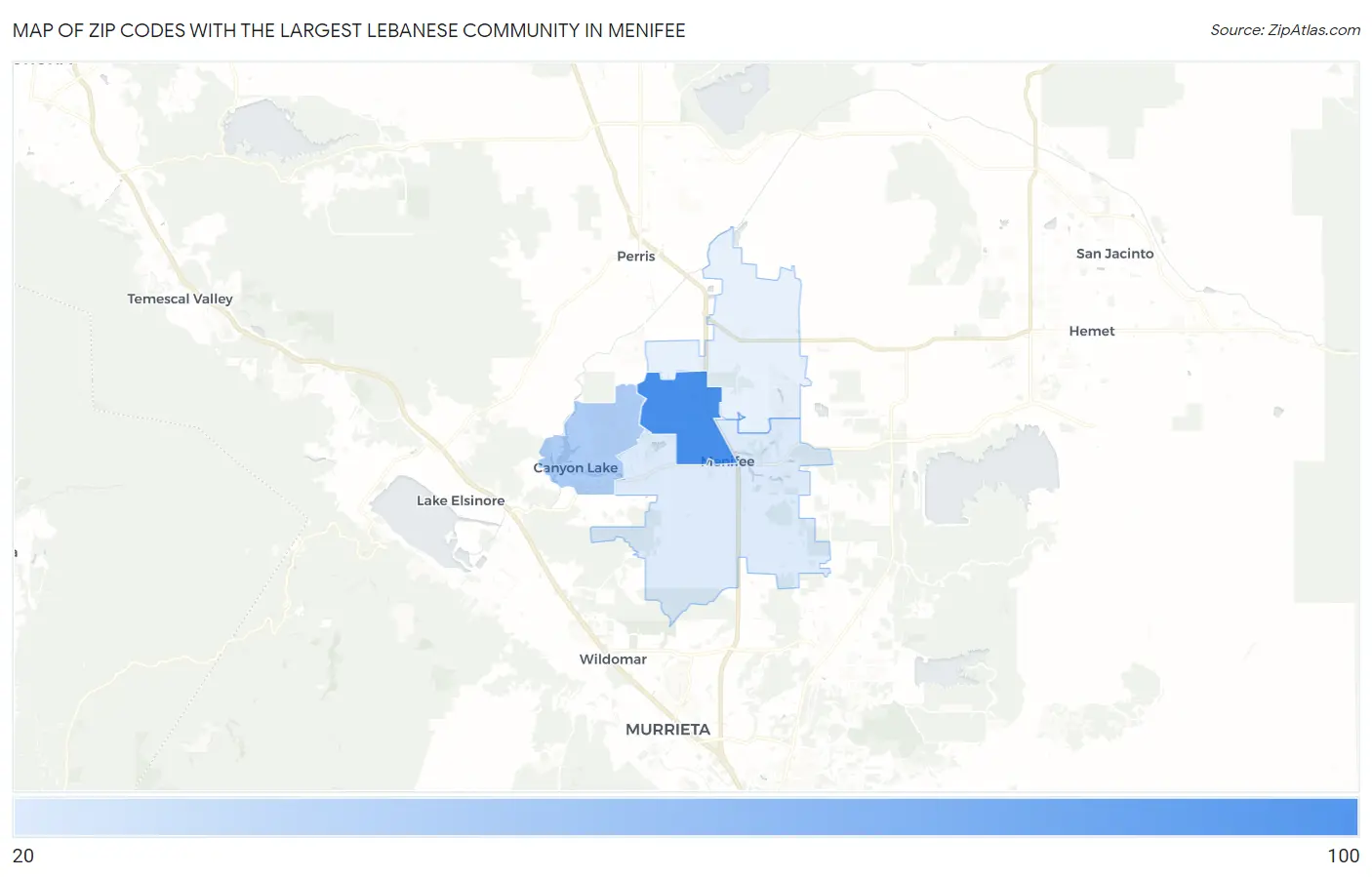 Zip Codes with the Largest Lebanese Community in Menifee Map