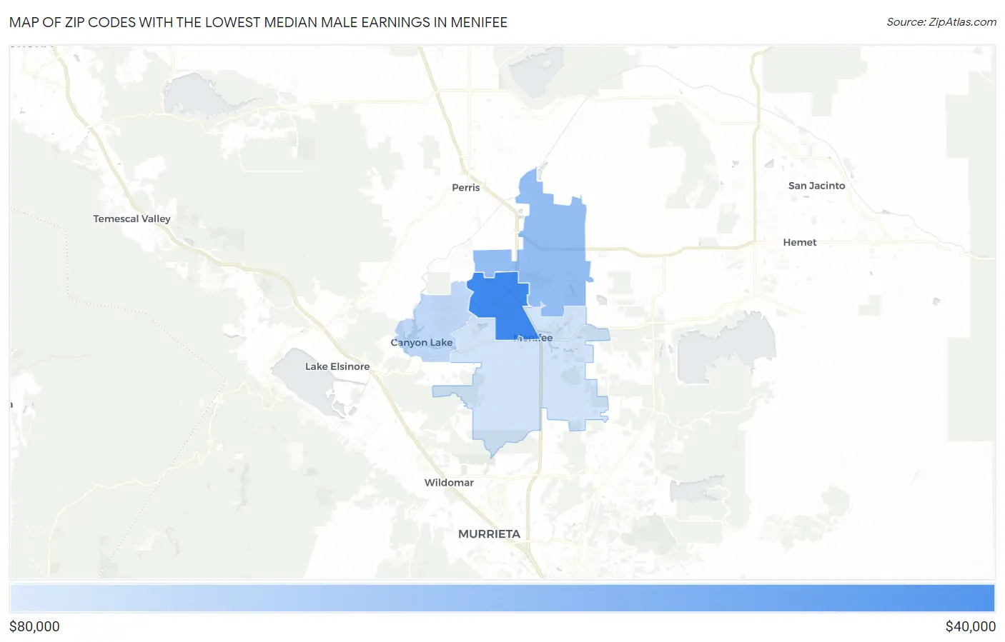 Zip Codes with the Lowest Median Male Earnings in Menifee Map
