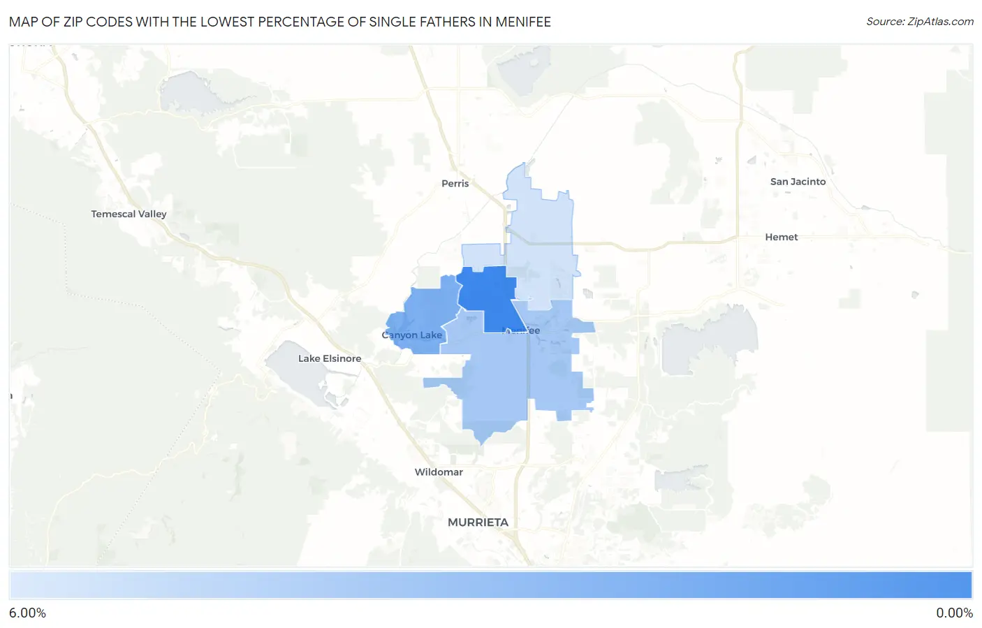 Zip Codes with the Lowest Percentage of Single Fathers in Menifee Map