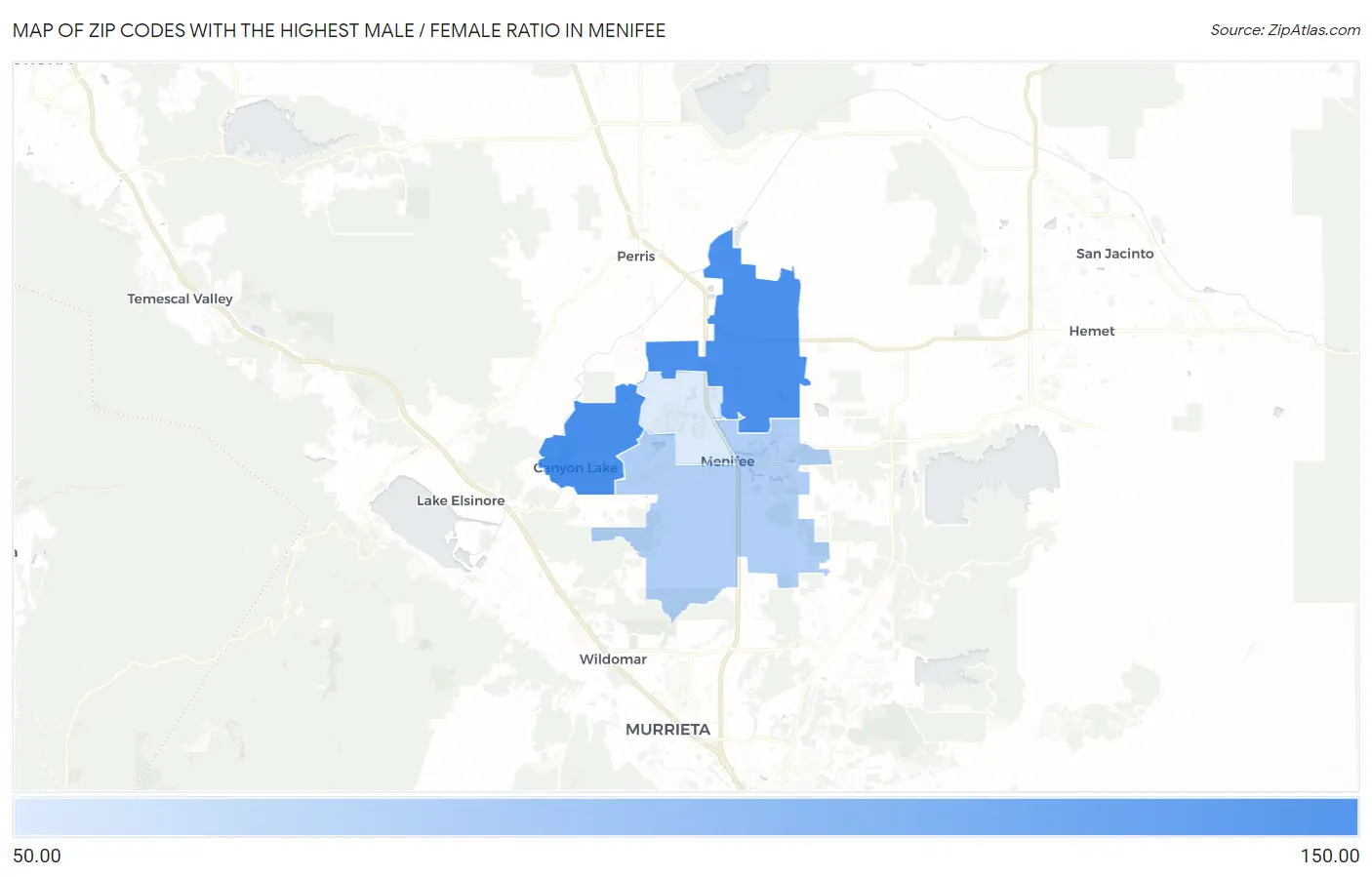 Zip Codes with the Highest Male / Female Ratio in Menifee Map