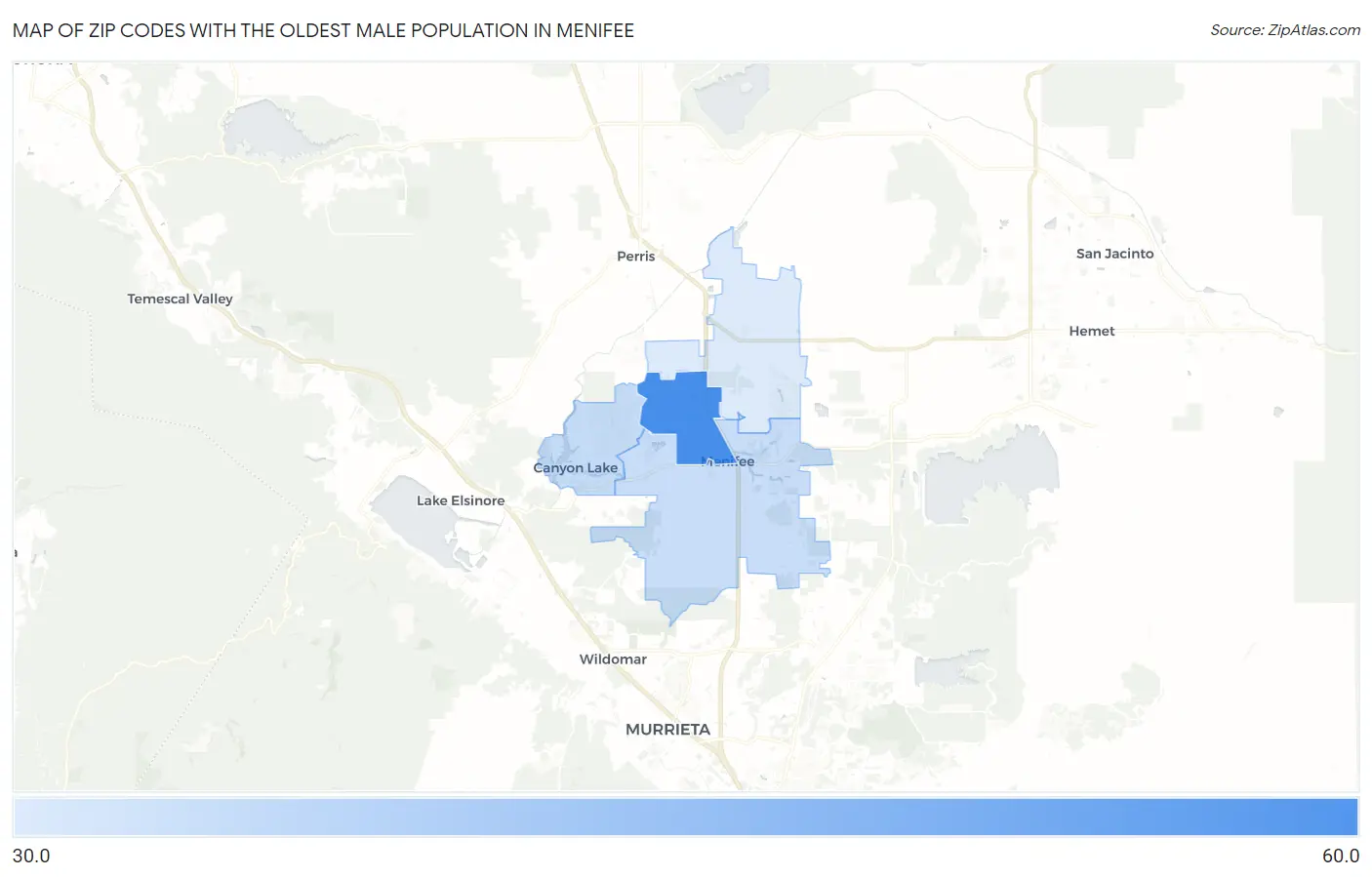 Zip Codes with the Oldest Male Population in Menifee Map