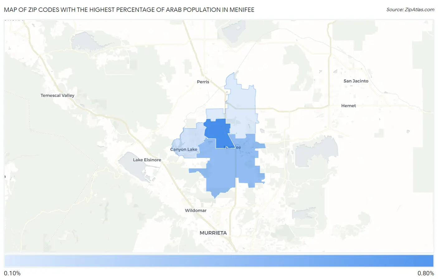 Zip Codes with the Highest Percentage of Arab Population in Menifee Map