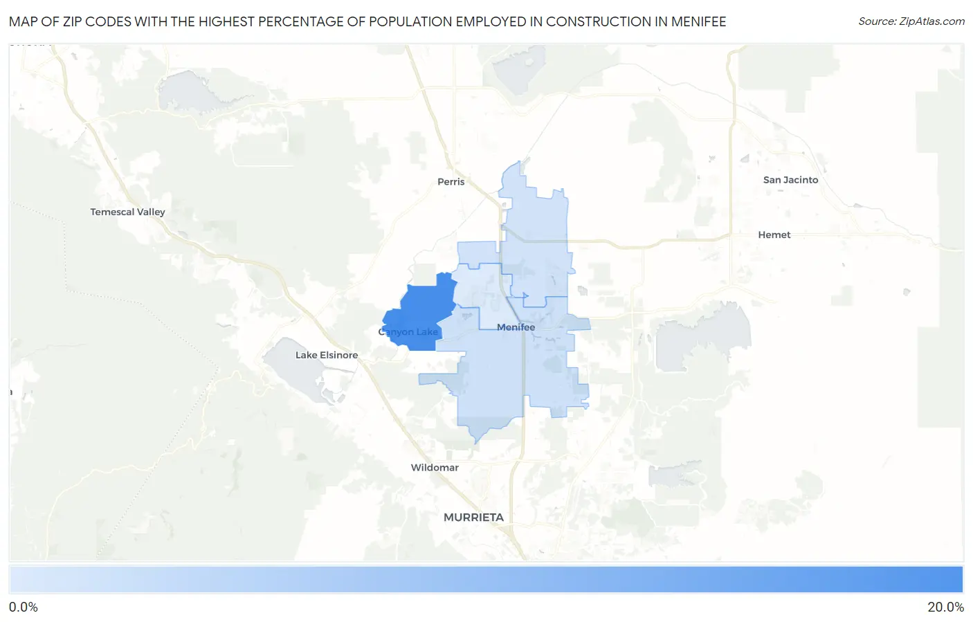 Zip Codes with the Highest Percentage of Population Employed in Construction in Menifee Map