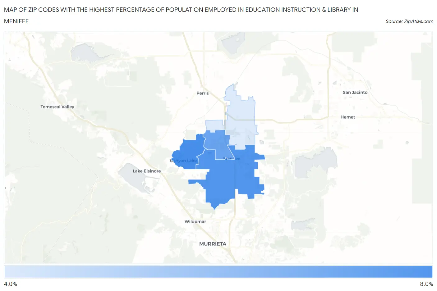 Zip Codes with the Highest Percentage of Population Employed in Education Instruction & Library in Menifee Map